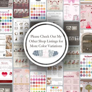 May include: A collage of images showcasing various balloon decorations and color options for party planning. The images include balloon arches, garlands, bouquets, and a variety of colors. The text "Please Check Out My Other Shop Listings for More Color Variations" is displayed in the center of the collage.