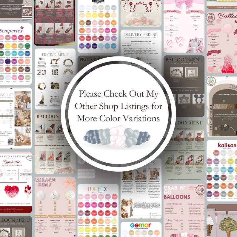 May include: A collage of images showcasing various balloon decorations and color options for party planning. The images include balloon arches, garlands, bouquets, and a variety of colors. The text "Please Check Out My Other Shop Listings for More Color Variations" is displayed in the center of the collage.