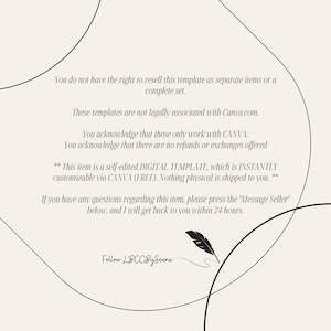 Puede incluir: Plantilla digital de color crema con texto negro, que incluye t&eacute;rminos de uso e instrucciones. El texto indica que la plantilla es para Canva, se autoedita y es personalizable al instante. Tambi&eacute;n hay una pluma decorativa y el texto "Follow LBCC By Seena".