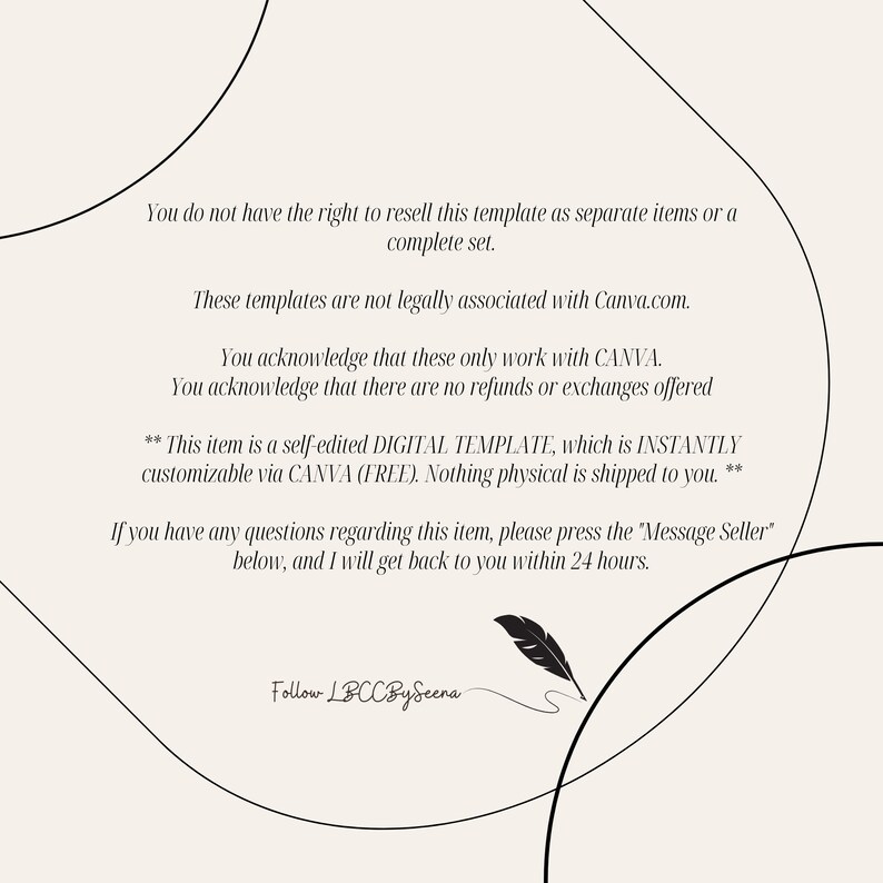 Puede incluir: Plantilla digital de color crema con texto negro, que incluye t&eacute;rminos de uso e instrucciones. El texto indica que la plantilla es para Canva, se autoedita y es personalizable al instante. Tambi&eacute;n hay una pluma decorativa y el texto "Follow LBCC By Seena".
