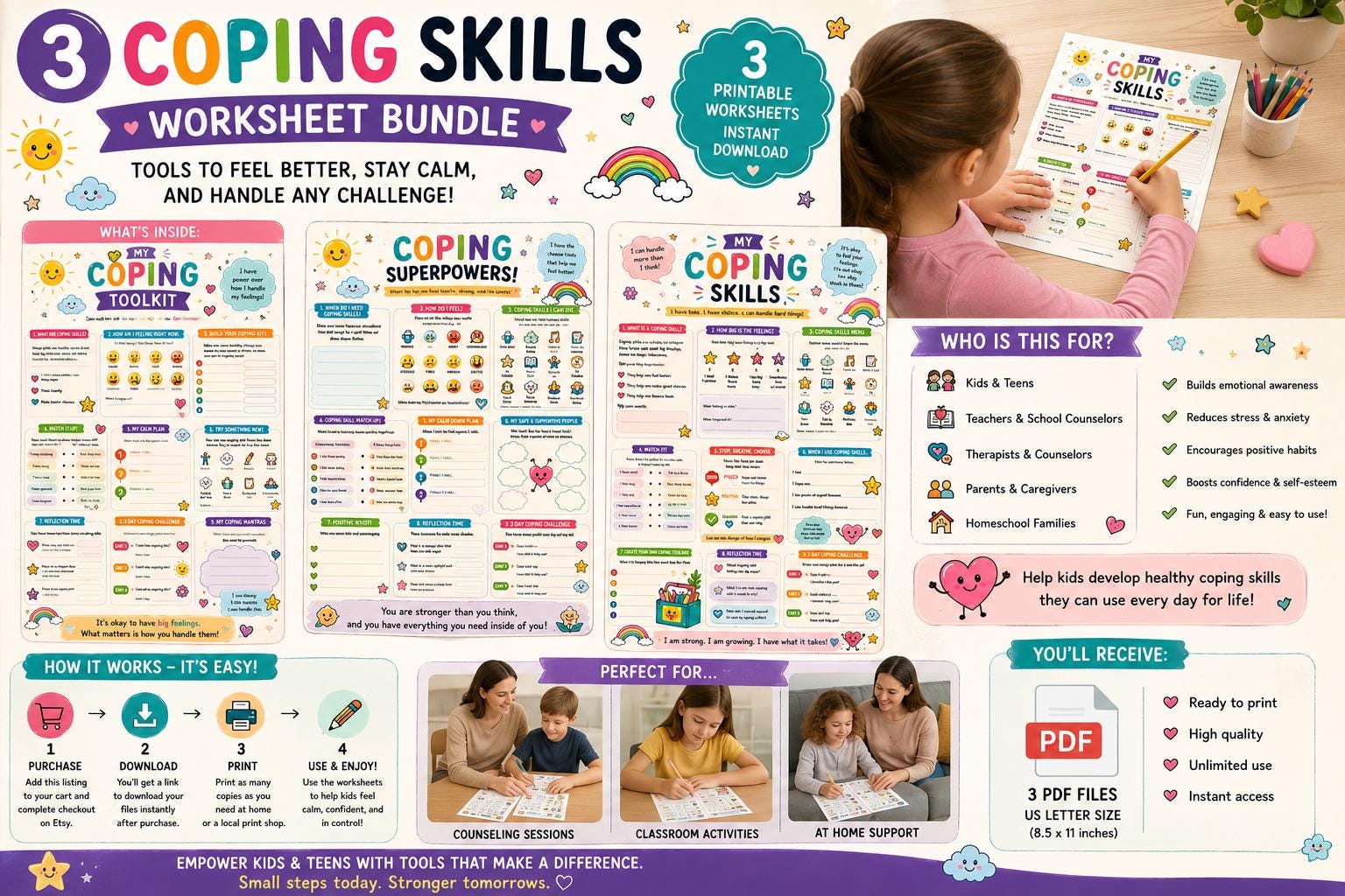 Coping Skills Worksheet Bundle for Kids & Teens | SEL Calm Down ...