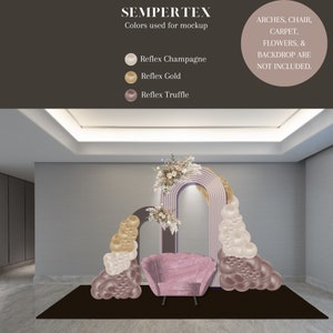 May include: A pink velvet armchair sits in front of a balloon archway with purple, gold, and white balloons. The archway is decorated with flowers and greenery. The background is a light gray wall.