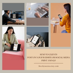 Puede incluir: Un collage de im&aacute;genes que muestran a personas usando dispositivos digitales, incluyendo una computadora, tableta y tel&eacute;fono inteligente. El texto "SEND TO CLIENTS, POST ON YOUR WEBSITE OR SOCIAL MEDIA, PRINT AND GO" se muestra. Tambi&eacute;n se incluye la URL de la tienda Etsy.
