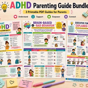 May include: ADHD Parenting Guide Bundle with three printable PDF guides for parents. The guides cover topics like understanding ADHD, supporting children, and executive functioning. The image includes colorful charts, sticky notes, and a coffee mug.