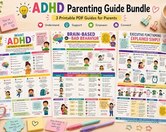 May include: ADHD Parenting Guide Bundle with three printable PDF guides for parents. The guides cover topics like understanding ADHD, supporting children, and executive functioning. The image includes colorful charts, sticky notes, and a coffee mug.