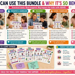 May include: An educational poster with text and images, designed for parents, therapists, teachers, and counselors. It provides practical tools and support for children with ADHD, promoting better learning and emotional regulation.