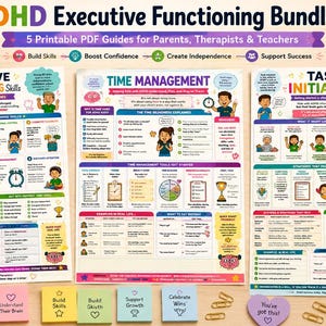 May include: ADHD Executive Functioning Bundle with 5 printable PDF guides for parents, therapists, and teachers. The colourful educational charts cover executive functioning skills, time management, and task initiation. Includes sticky notes and a coffee mug.