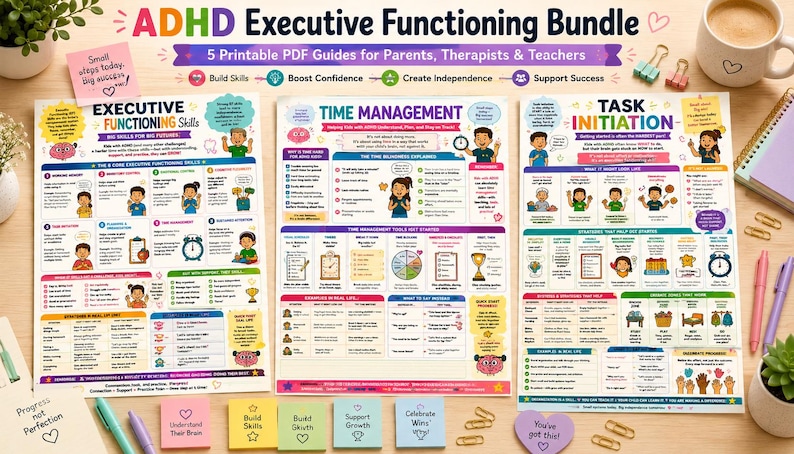 May include: ADHD Executive Functioning Bundle with 5 printable PDF guides for parents, therapists, and teachers. The colourful educational charts cover executive functioning skills, time management, and task initiation. Includes sticky notes and a coffee mug.
