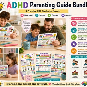 May include: ADHD Parenting Guide Bundle with three printable PDF guides for parents. The guides cover understanding ADHD, brain-based behavior, and executive functioning. The image shows families and professionals using the guides.