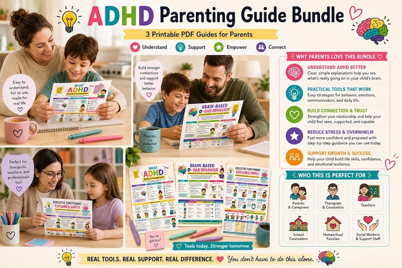 May include: ADHD Parenting Guide Bundle with three printable PDF guides for parents. The guides cover understanding ADHD, brain-based behavior, and executive functioning. The image shows families and professionals using the guides.