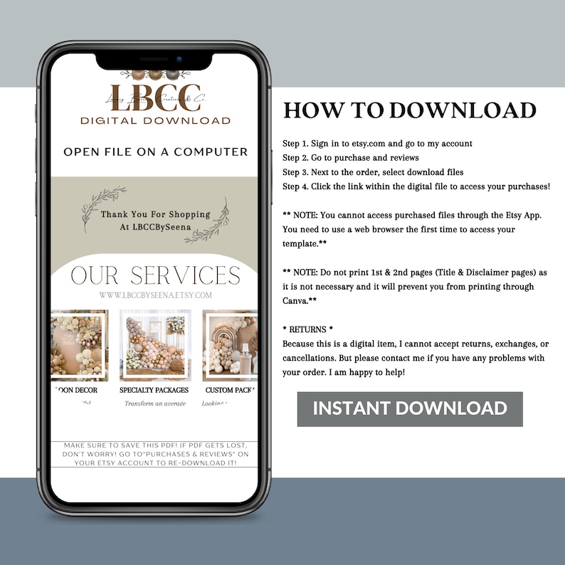 Puede incluir: Una pantalla de tel&eacute;fono inteligente muestra un anuncio de descarga digital. La pantalla muestra el logotipo de LBCC, instrucciones sobre c&oacute;mo descargar y una secci&oacute;n para servicios. El texto incluye "Descarga instant&aacute;nea" y "Abrir archivo en una computadora."