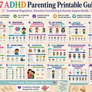 May include: A collection of 17 ADHD parenting printable guides, offering support for emotional regulation, executive functioning, and anxiety. The guides are US letter size (21.6 x 27.9 cm) and cover topics such as behaviour, time management, and calming strategies. Designed for home, therapy, and school use.