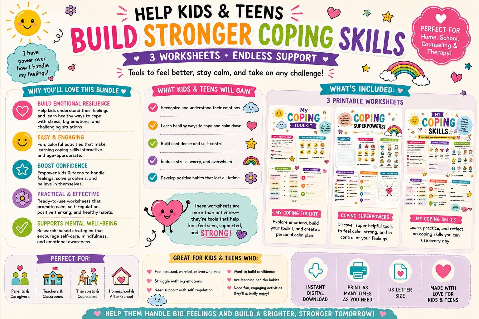 Coping Skills Worksheet Bundle for Kids & Teens | SEL Calm Down ...