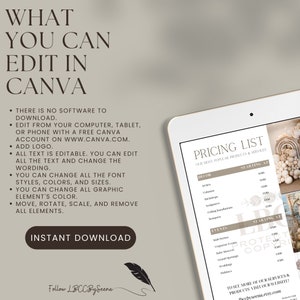 May include: A tablet screen displaying a pricing list for decor and events. The text on the screen reads "Pricing List" and "Our Most Popular Products & Services". The list includes items such as arches, backdrops, and calligraphy installations. The text also includes "Instant Download" and "Follow LBCC By Seena".
