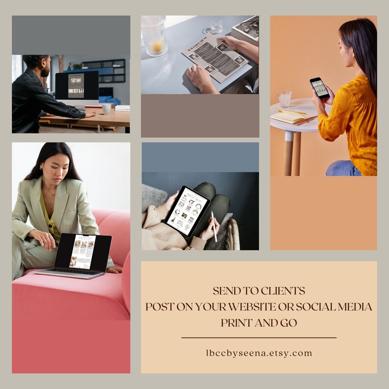 May include: A collage of images showing different ways to use a digital planner. The images show people using a digital planner on a laptop, tablet, and phone. The text on the image reads "SEND TO CLIENTS POST ON YOUR WEBSITE OR SOCIAL MEDIA PRINT AND GO Ibccbyseena.etsy.com".