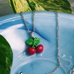 Handmade Resin Magenta and Green Cherry Necklace
