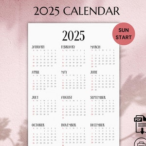 2025 Year Calendar Printable: Minimalist Sunday Start (A4/A5/US Letter) (PDF)