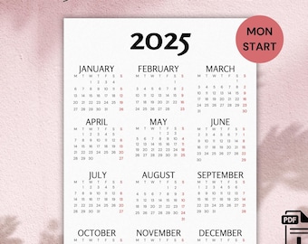 2025 Yearly Calendar, Year at a Glance, One Page Calendar, Monday Start, Print Calendar A4 A5 & US Letter, Desk Calendar, Full Year Calendar