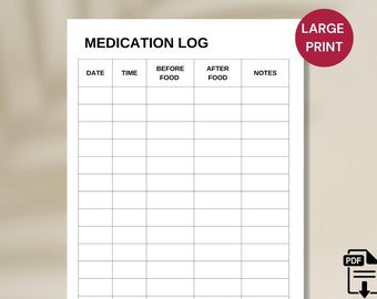Large Print Medication Tracker, Senior-Friendly Pill Log, Printable A5, A4 & US Letter, Elderly Medication Log, PDF Printable