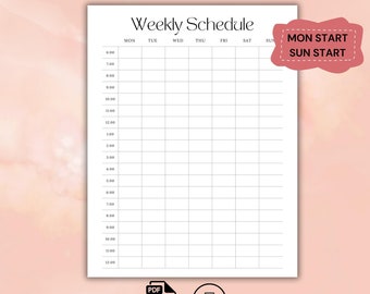 Hourly Weekly Schedule - Printable PDF with Monday or Sunday Start, A4 A5 US Letter Sizes, Daily Priority & Deadline Planner