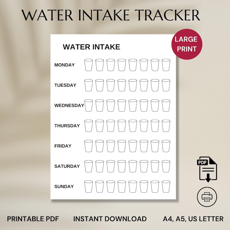Senior-Friendly Water Intake Tracker - Large Print PDF