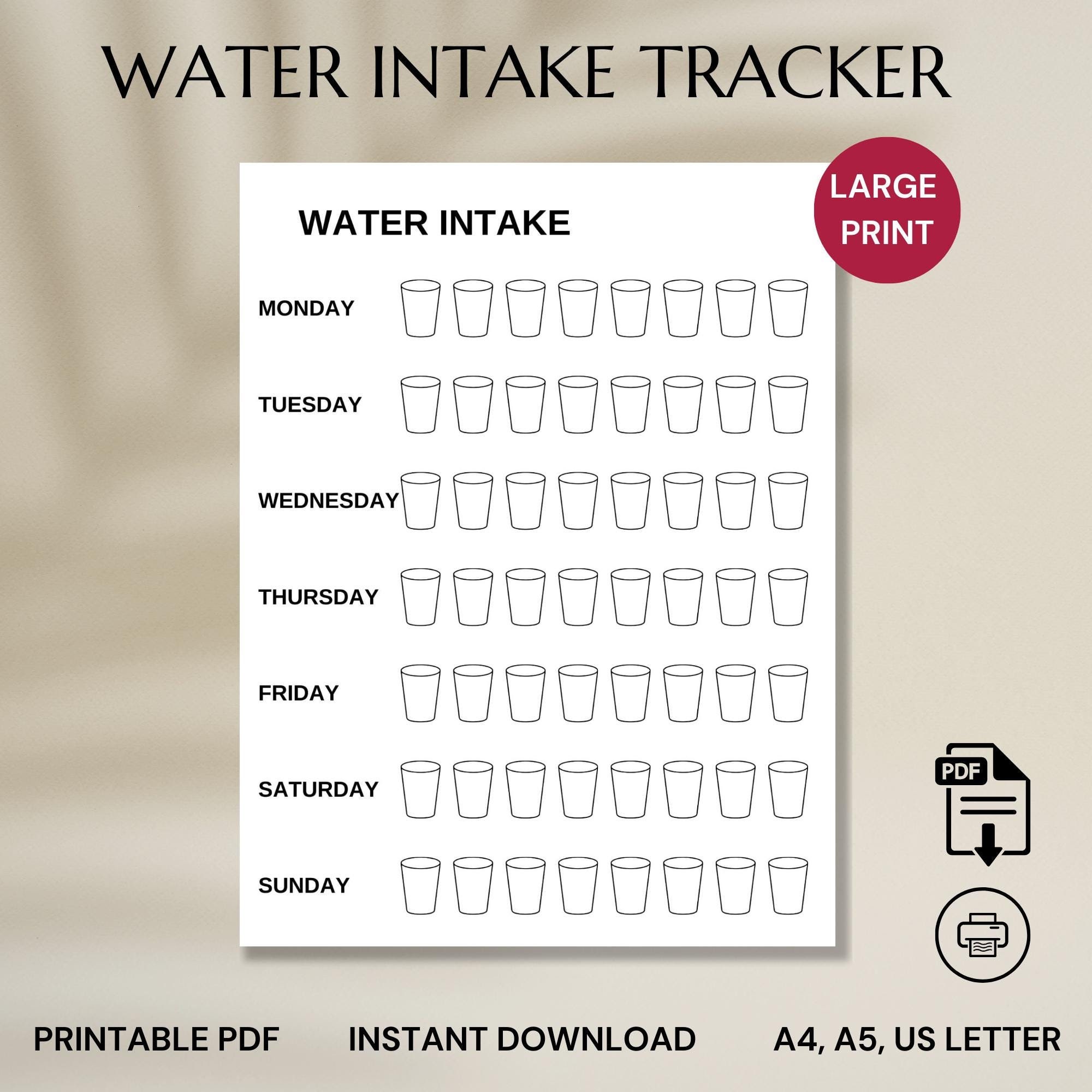 Large Print Water Intake Tracker PDF, Easy to Read Senior-Friendly Hydration Log, Printable A5, A4 & US Letter Size, PDF Digital Download