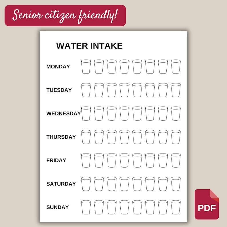 Senior-Friendly Water Intake Tracker - Large Print PDF