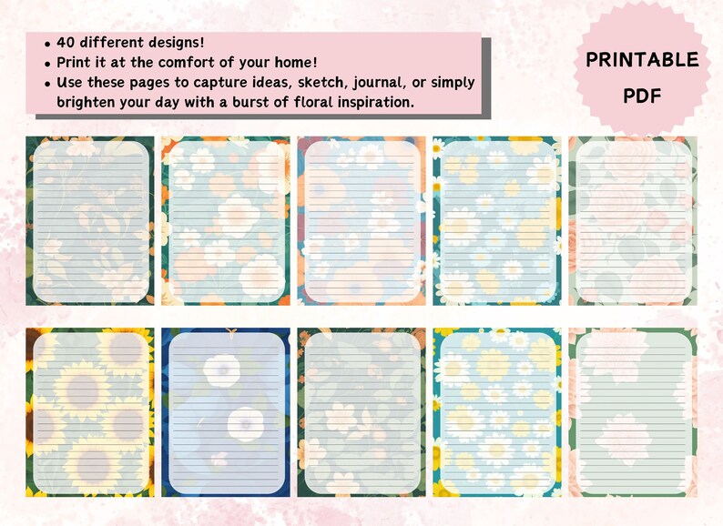 Set of 40 Printable Note Pages Bundle. Blooming Flower Note Pages. Wide ...