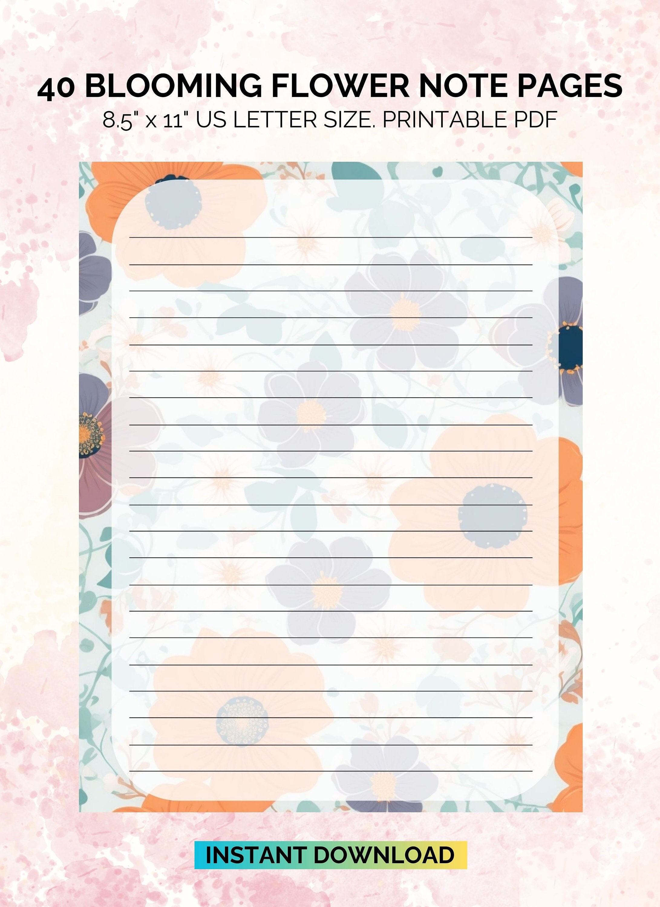 Set of 40 Printable Note Pages Bundle. Blooming Flower Note Pages. Wide ...