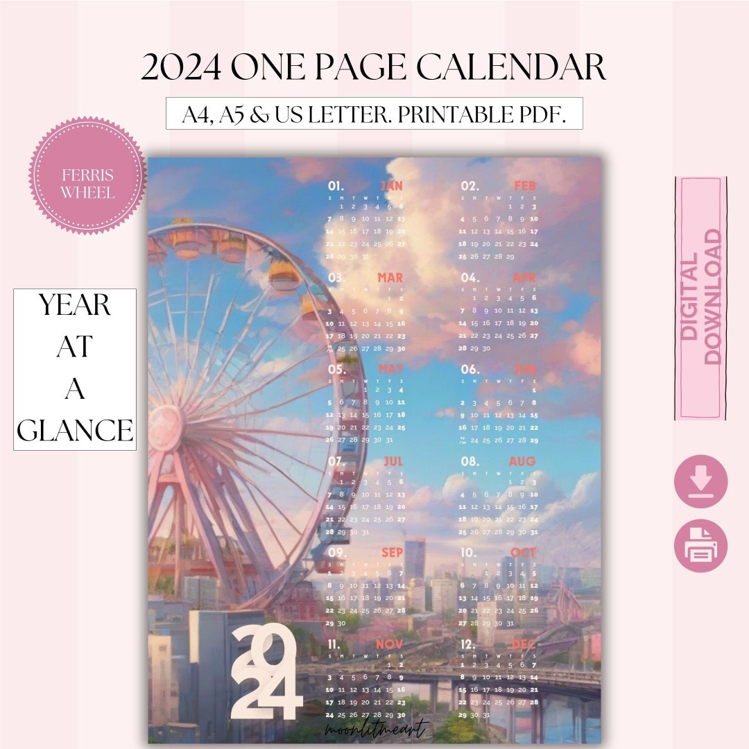 Ferris Wheel 2024 Calendar. One Page Calendar. Year at A Glance. 2024