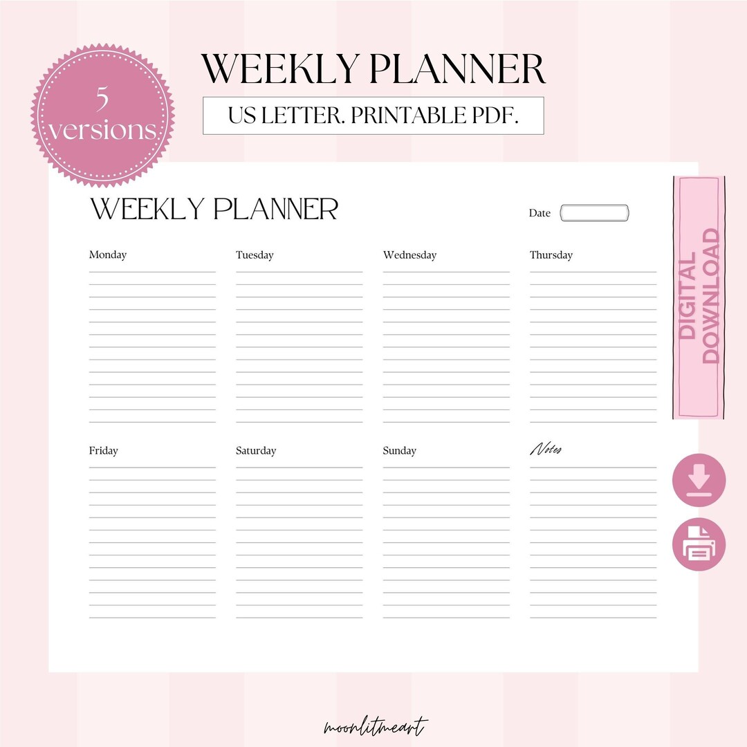 Weekly Planner Landscape Printable PDF. Weekly to Do List. Weekly