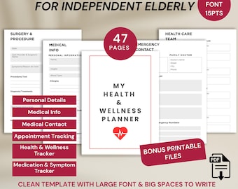 Printable Medical Binder for Elderly, Senior Health & Wellness Planner with Large Font, Elderly Home Healthcare Binder, Symptom Tracker PDF