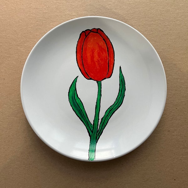 Red Tulip Hand-Painted Plate Wall Art | Floral Decor Painting