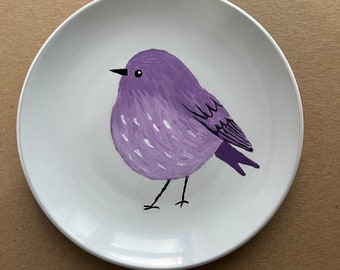 Hand-Painted Plate Wall Decor Purple Bird Art Painting