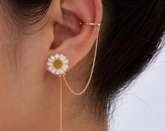 Pendientes de oreja tipo ear cuff sin perforación, ear cuff con forma de flor de margarita, joyería botánica, pendientes de clip ligeros, regalo para ella, inspirados en la naturaleza.