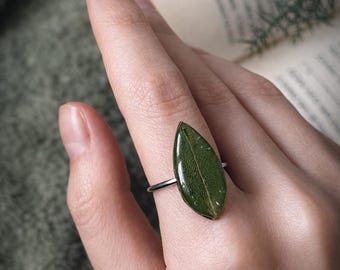 Anillo de pétalos verdes, anillo botánico de resina ajustable, joyería de hojas reales de acero inoxidable, regalo inspirado en la naturaleza.