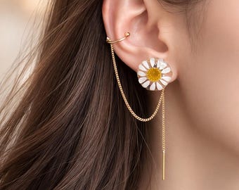 Pendientes de puño con forma de margarita, pendientes de oreja con flores naturales, pendientes botánicos de resina, joyería ajustable tipo brazalete, regalo natural para ella.