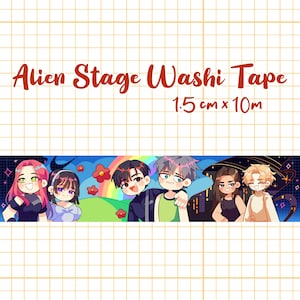 May include: Washi tape featuring a colorful illustration of anime-style characters. The tape is 1.5 cm wide and 10 meters long. The text "Alien Stage Washi Tape" is written in a decorative font.