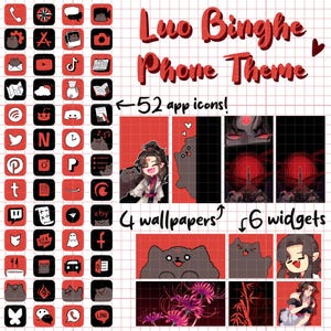 May include: A phone theme featuring 52 app icons, 4 wallpapers, and 6 widgets. The theme is based on the character Luo Binghe from the novel "Mo Dao Zu Shi". The icons are red and black with a cartoon cat design. The wallpapers feature a red and black colour scheme with a cartoon cat and a character from the novel. The widgets are red and black with a cartoon cat design.