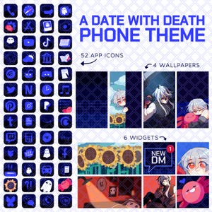 以下が含まれることがあります： 「A Date With Death」というタイトルのデジタル電話テーマ。52個のアプリアイコン、4つの壁紙、6つのウィジェットが特徴です。青と白を基調としたアニメ風イラストを使用しています。「A DATE WITH DEATH PHONE THEME」のテキストが上部に表示されています。