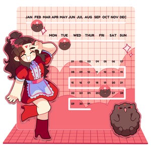 May include: A pink and white calendar with a grid of squares. The calendar has the months of the year listed across the top and the days of the week listed below. There are three cartoon characters on the calendar: a girl in a red dress, a brown donut, and a brown fluffy animal. The girl is smiling and holding her hand up to her face. The donut is on a pink square and the fluffy animal is on a pink square. The calendar is decorated with pink and white clouds.