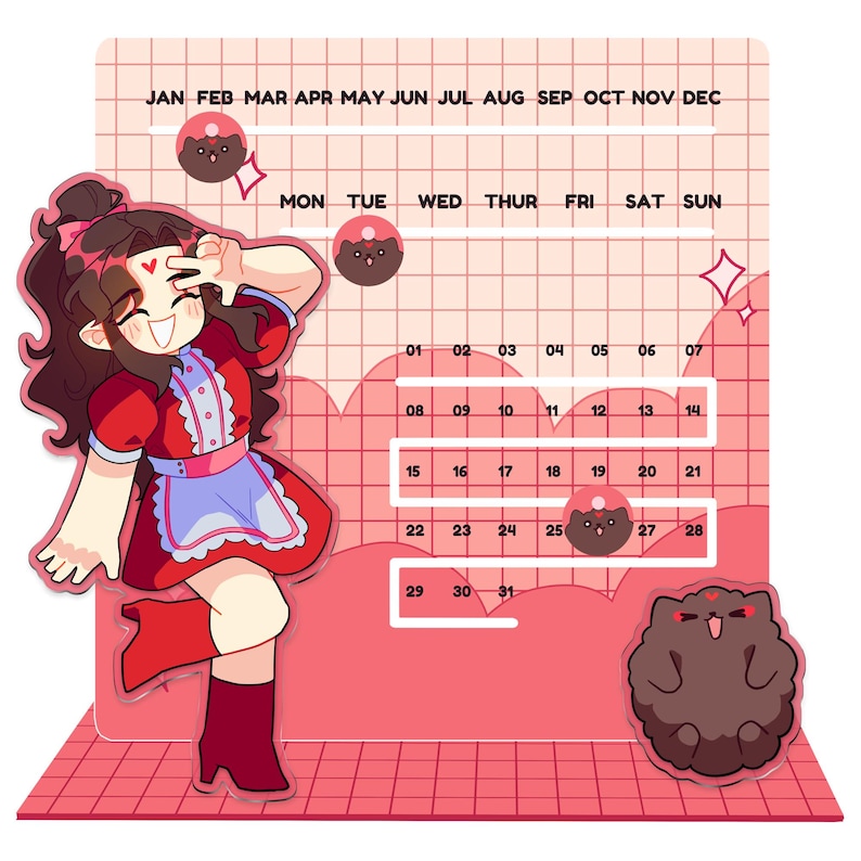 May include: A pink and white calendar with a grid of squares. The calendar has the months of the year listed across the top and the days of the week listed below. There are three cartoon characters on the calendar: a girl in a red dress, a brown donut, and a brown fluffy animal. The girl is smiling and holding her hand up to her face. The donut is on a pink square and the fluffy animal is on a pink square. The calendar is decorated with pink and white clouds.