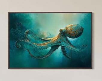 Golden Octopus Wall Art – Elegant Underwater Sea Life Print in Turquoise, Luxury Ocean Decor