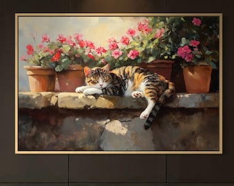 Sleeping Tabby Cat Art Print – Cottagecore Floral Wall Decor