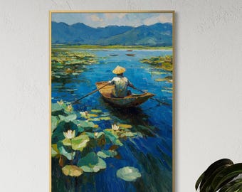 ベトナムの蓮池の水彩画プリント：アジアの壁掛けアート、ベトナム人