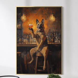 May include: A framed artwork depicts a German Shepherd dog sitting at a bar, raising a glass. The dog is in a bar setting with bottles and dim lighting. The room includes a black chair, a small table with a plant, and a wine rack.