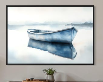 Minimalistische aquarel bootkunstdruk - canvas kunst kustmeer, moderne nautische muurdecoratie