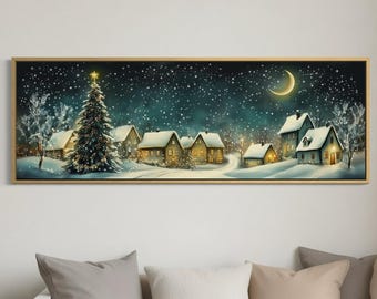 Magical Christmas Night Village Print – Snowy Winter Wonderland Art, Cozy Holiday Wall Decor