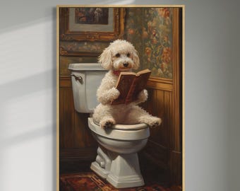 Whimsical Doodle Dog Art – Funny Bathroom Wall Print with White Dog Reading