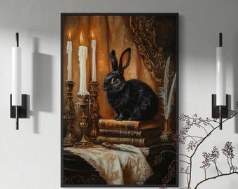 Elegant Black Rabbit Wall Art – Dark Academia Animal Portrait with Candles, Vintage Scholarly Decor